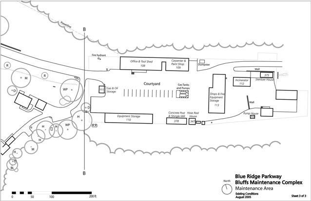 A site plan shows the arrangement of buildings and features at the maintenance complex.