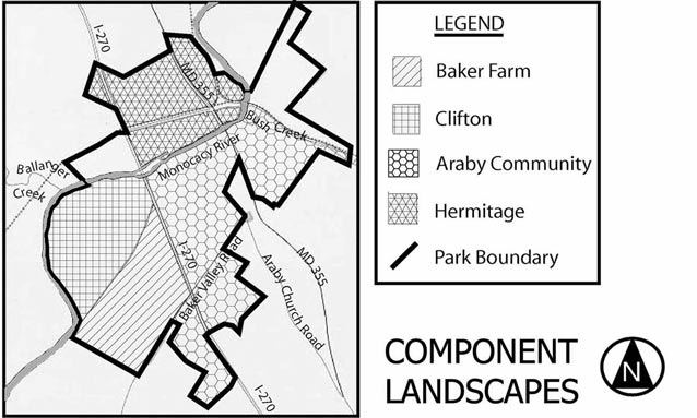 A map uses four patterns to mark the component cultural landscapes within the park.