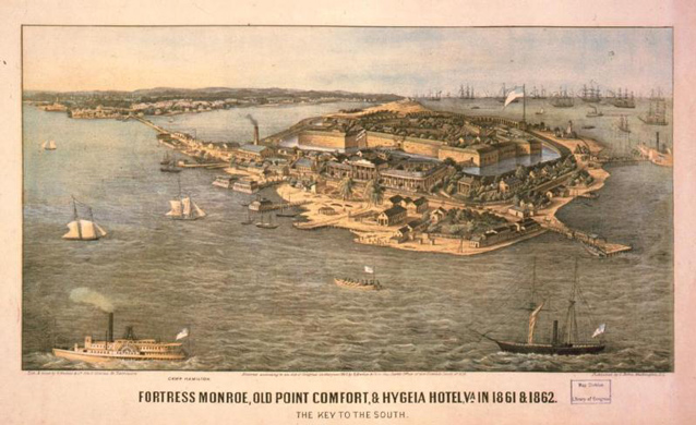 Postcard of Fortress Monroe, surrounded by water and boats, as seen in 1861 and 1862.