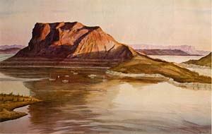 A water color painting of Elephant Butte Lake with a large mountain 