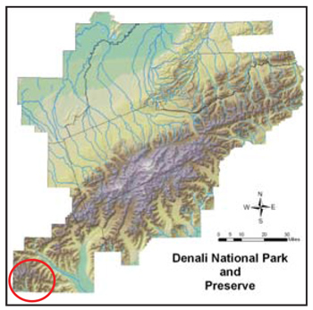 map of Denali National Park and Preserve pinpointing Kichatna Mountains with a red circle