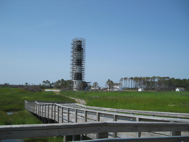 Image of Bodie Island Lighthouse in scaffolding, 2012