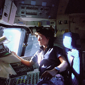Sally Ride inside of the Space Shuttle Challenger