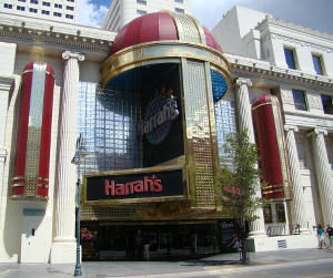  Outside of Harrah's Casino, a large white building with columns and a domed sign