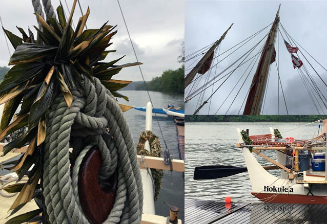 Composite photo shows rope decorated with Maile lei, nautical flags and partial view of Hōkūleʻa. 