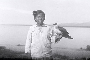 Athabascan girl holding a young jaeger (bird) at Tanalian Point, 1921