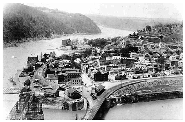 Historic image of Harpers Ferry town from across railroad bridge, between two rivers