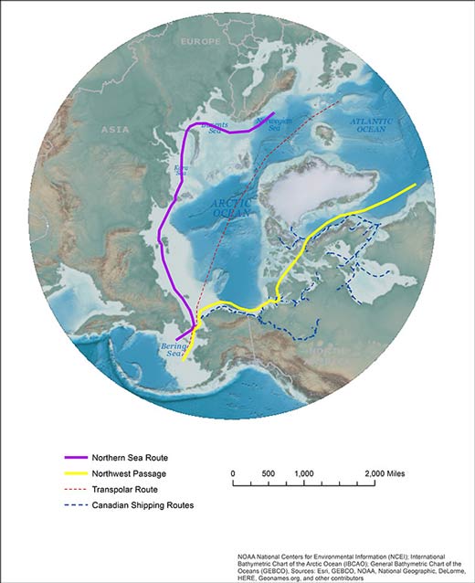 map of the world centered on the arctic ocean, with lines indicating shipping routes
