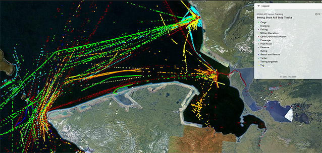 satellite image of northwest alaska with ocean shipping routes illustrated in bright green