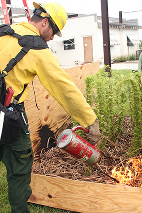 A firefighter uses a drip torch to ignite plants in a large wooden box.