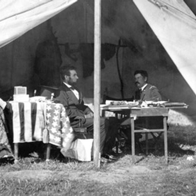 Photograph of President Lincoln meeting with General McClellan at Antietam