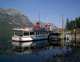 The International, a concession operated tour boat, docked at Glacier National Park