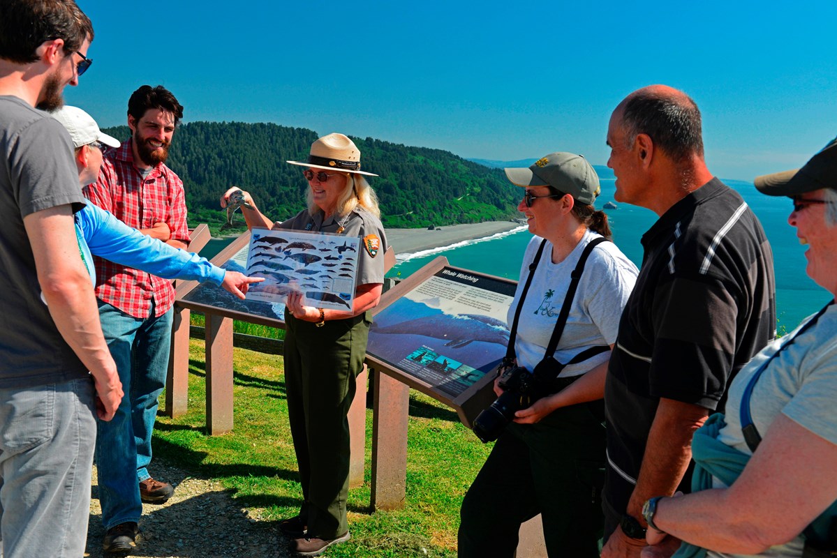 Visitors chatting with a ranger above a river mouth.