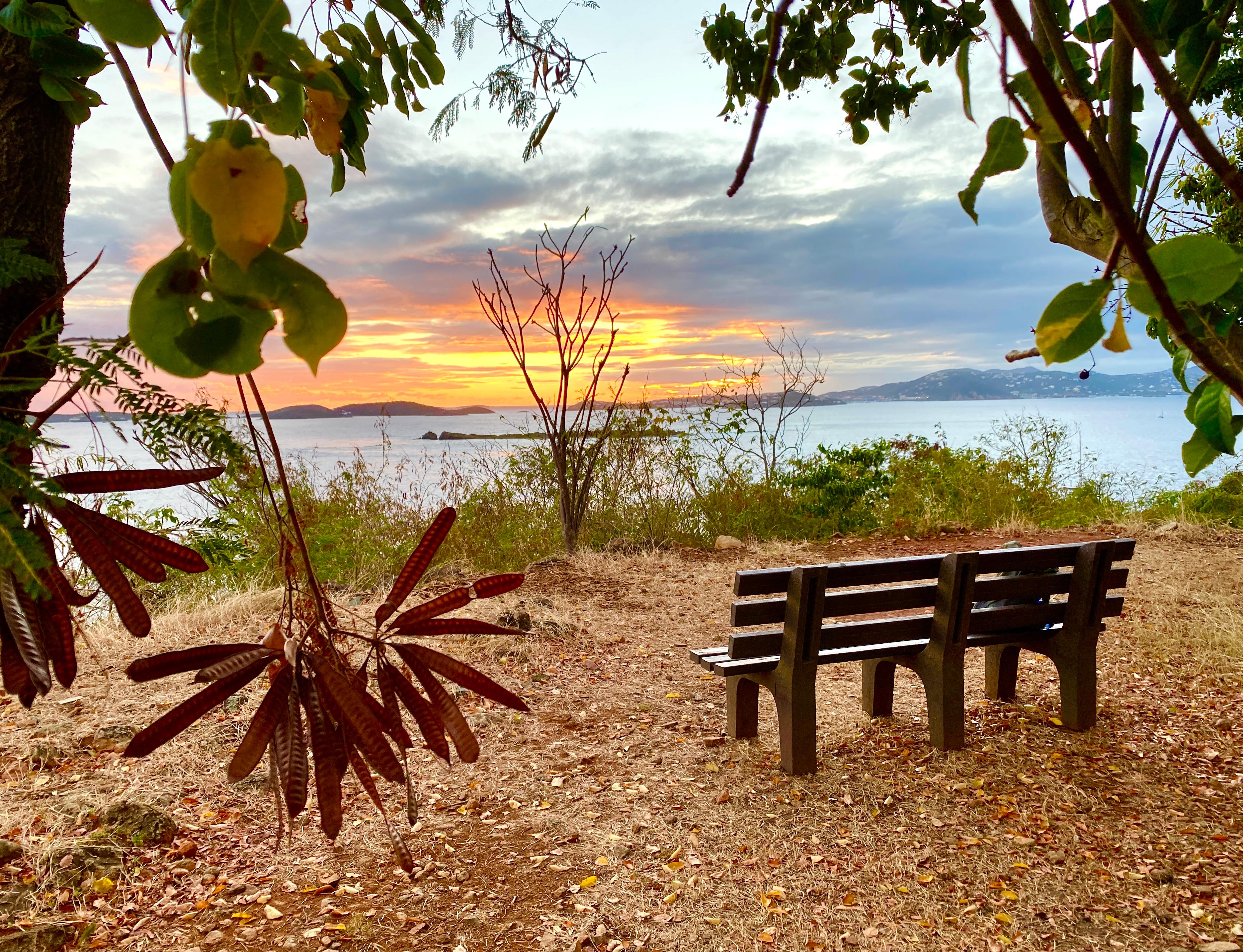 A sunset colors the horizon as seen from an overlook above the bay.