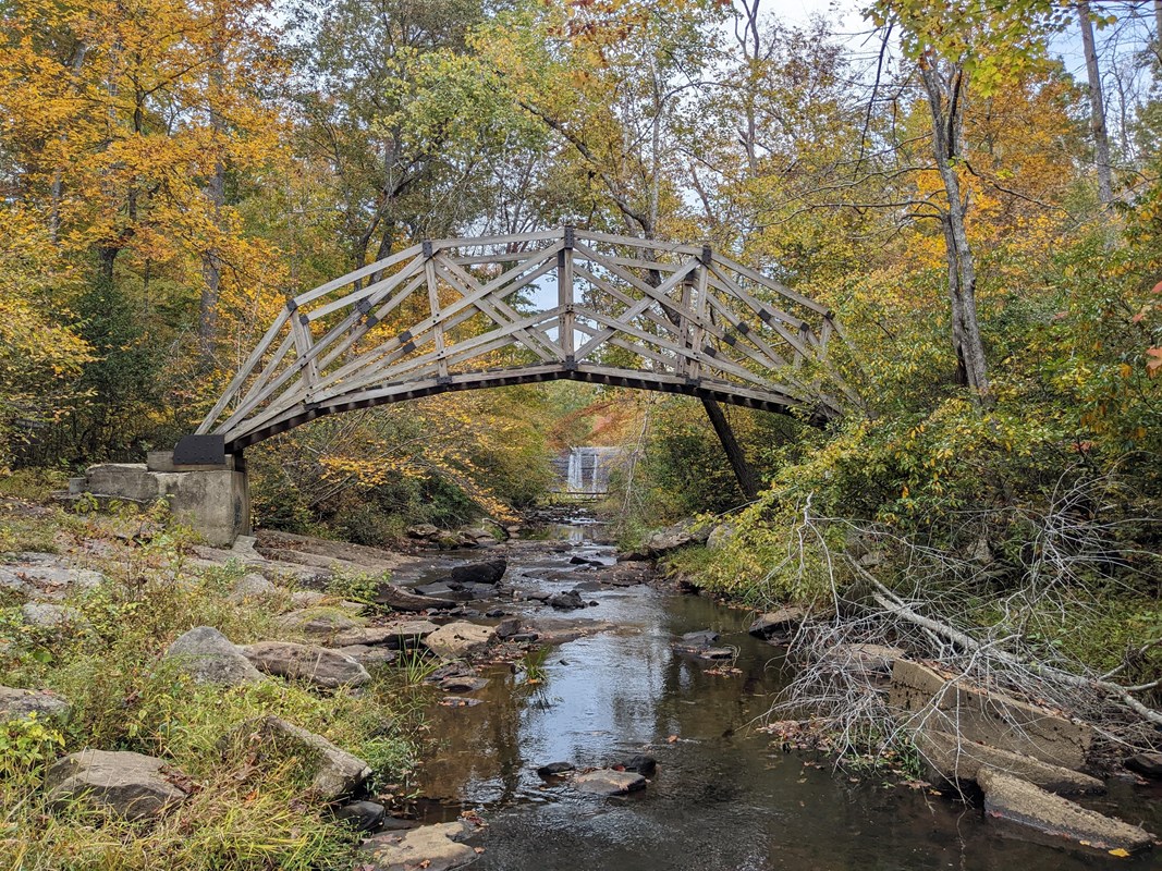 An arched wooden bridge above a creek surround by a yellow and orange fall forest