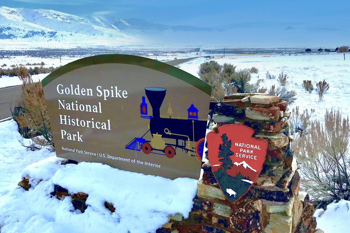 Winter View of Golden Spike Entrance Sign 
