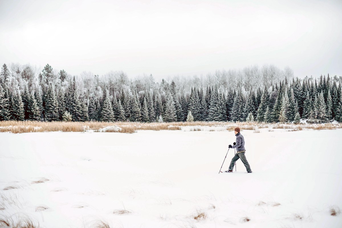Photograph of person snowshoeing across frozen lake with snowy trees in the background. 