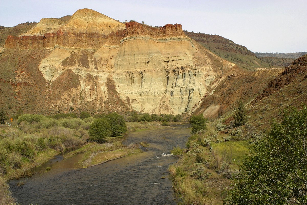 Tall sandy cliff face overlooking a small, shallow river