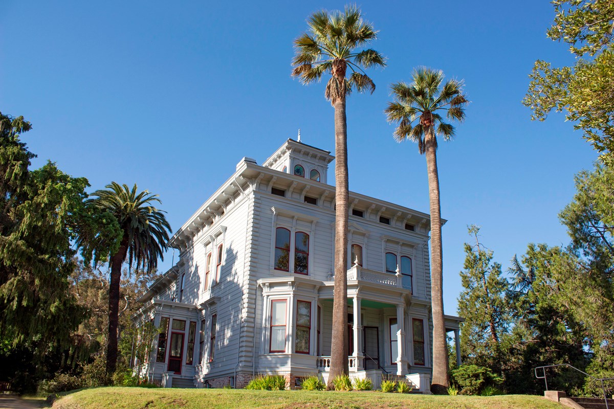 White two story house capped by a bell tower and ringed with palm trees