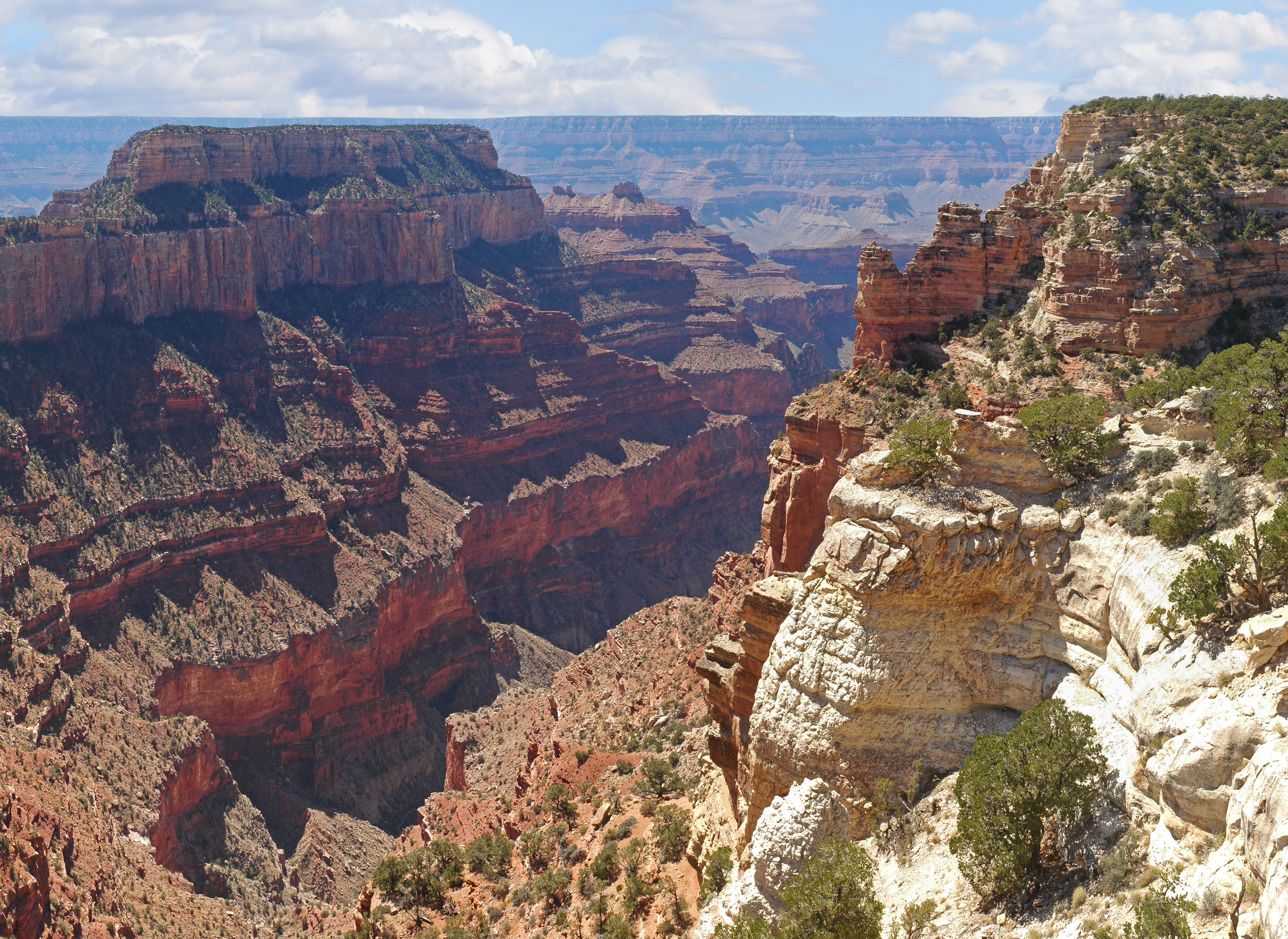 The Cape Royal viewpoint curves into the distance and closer rock formations jut into the canyon.