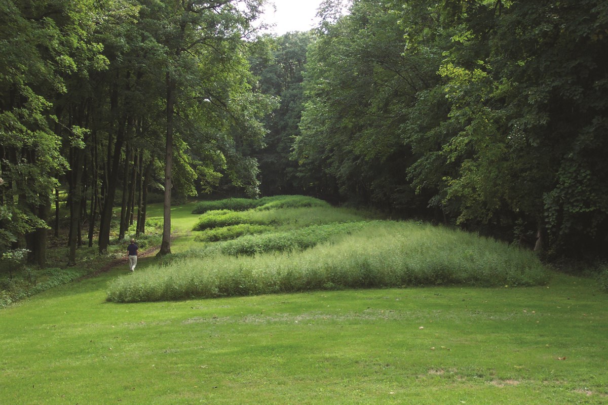 Bear Effigy Mounds with visitor walking nearby. 