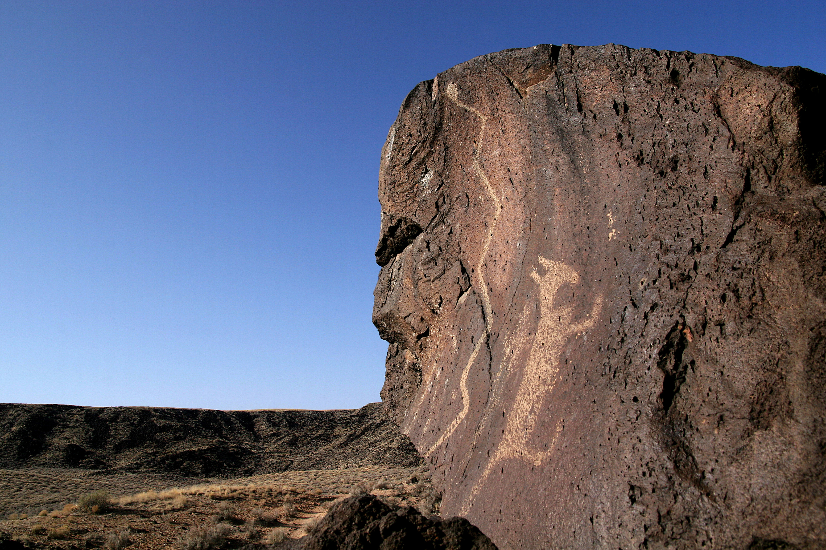 Petroglyph imagery of a coyote and rattlesnake in Rinconada Canyon.