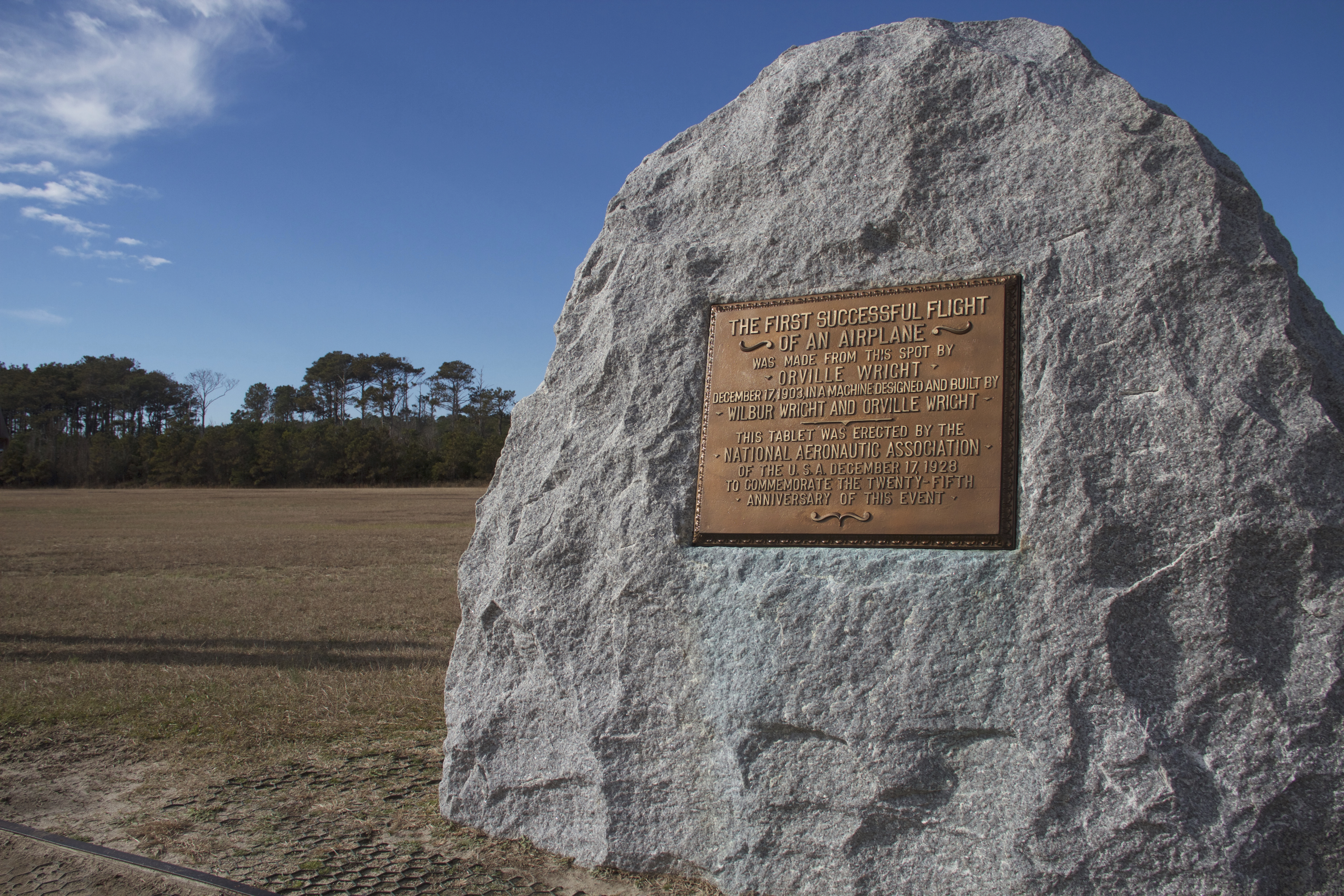 The large boulder and plaque sit where the Wright brothers first flew in their 1903 flyer.