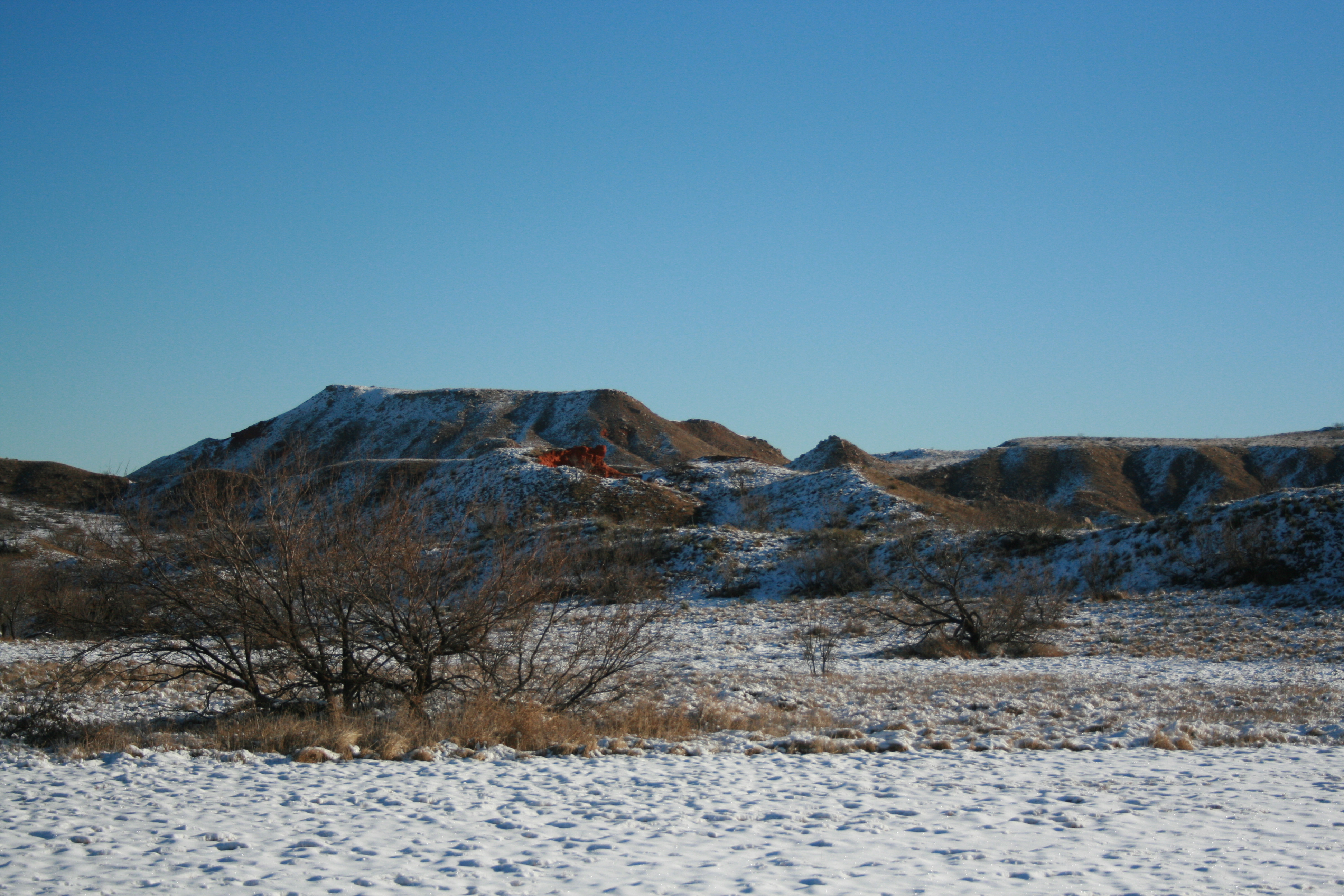 A snowy mesa, as seen from the Alibates Visitor Center.