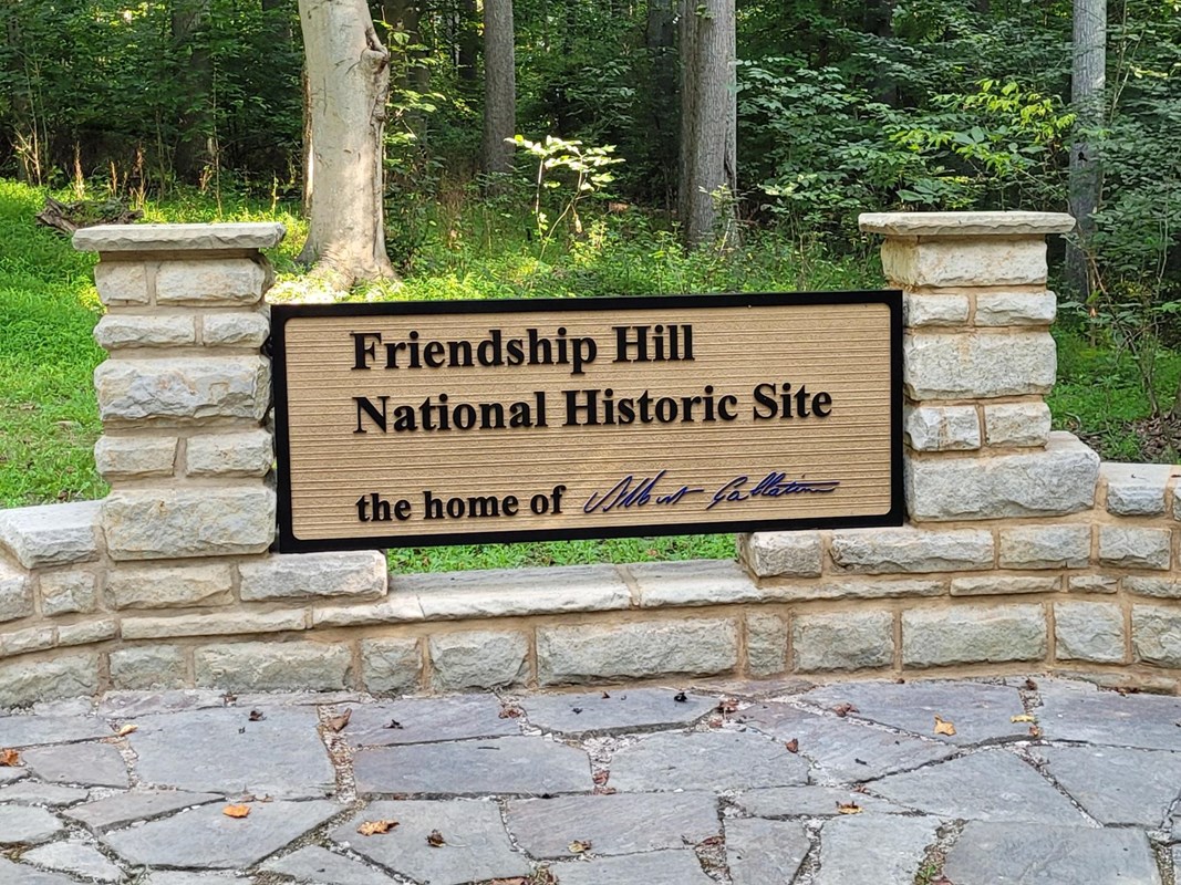 A small sign reading Friendship Hill National Historic Site, the home of Albert Gallatin
