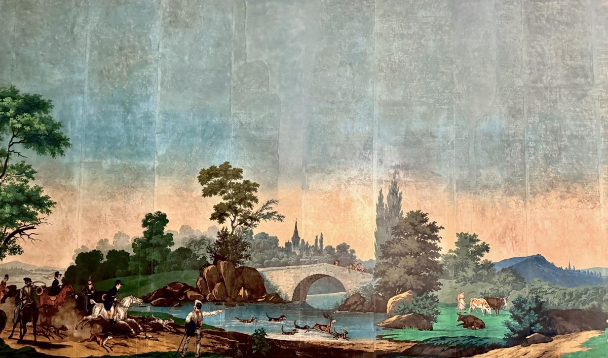 Le paysage &agrave; chasses, a scenic wallpaper of a hunting scene that is hung in Van Buren's dining room