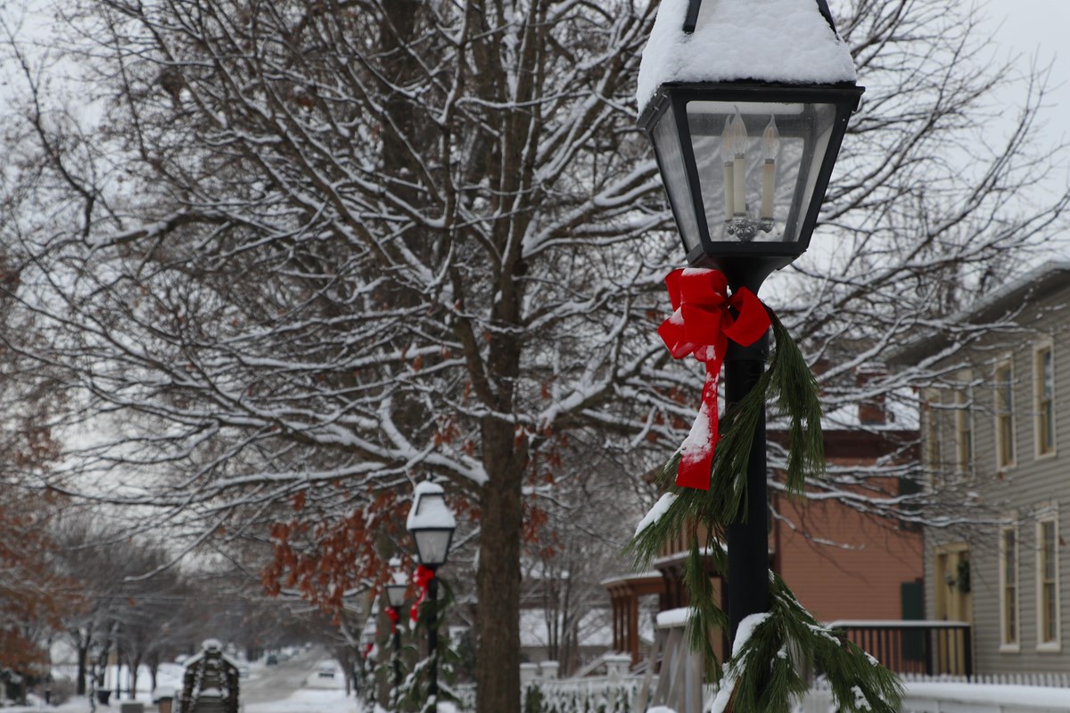 A street covered in snow and lined with trees, buildings, and streetlamps.
