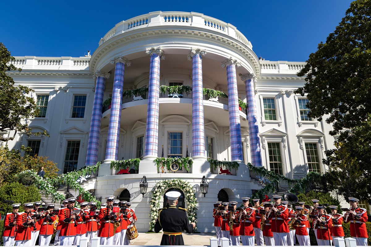 The U.S. Marine Band performs in front of the White House at the 2026 White House Easter Egg Roll
