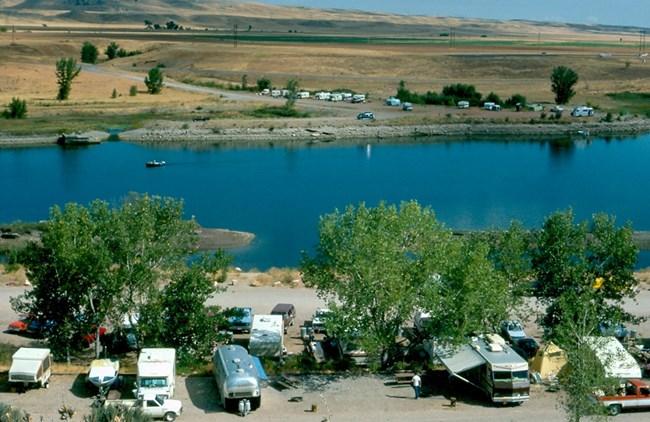 Campground with lake in the background and Grapevine Campground in the distance.