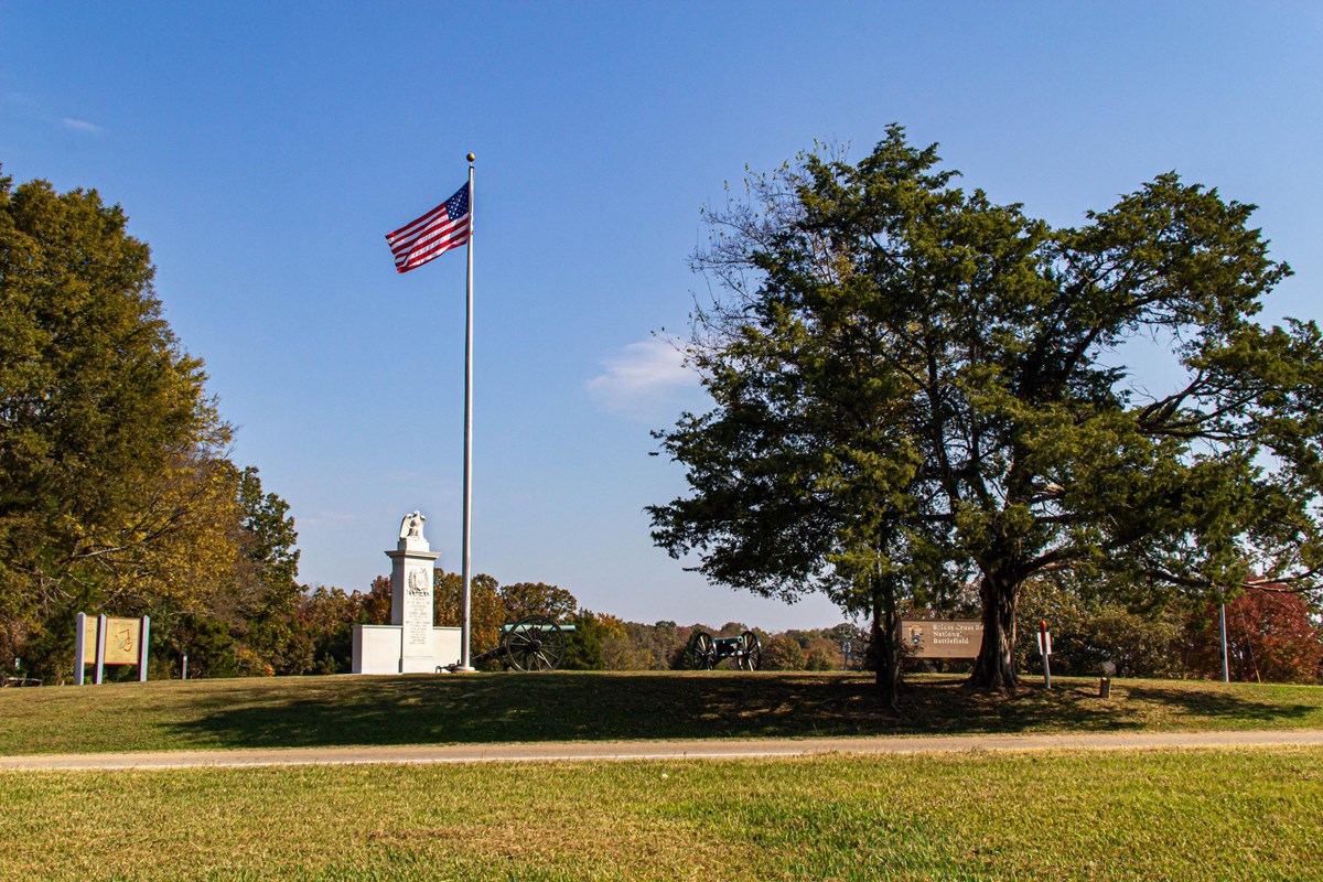 Two large trees and a flagpole flying an American flag overlooking a stone monument and cannons