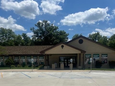Image of a building taken from the parking lot at Homestead National Historical Park.
