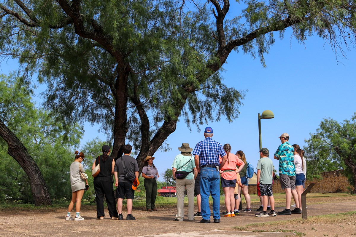 Park Ranger begins a tour through Mission San Jos&eacute; under a large mesquite tree