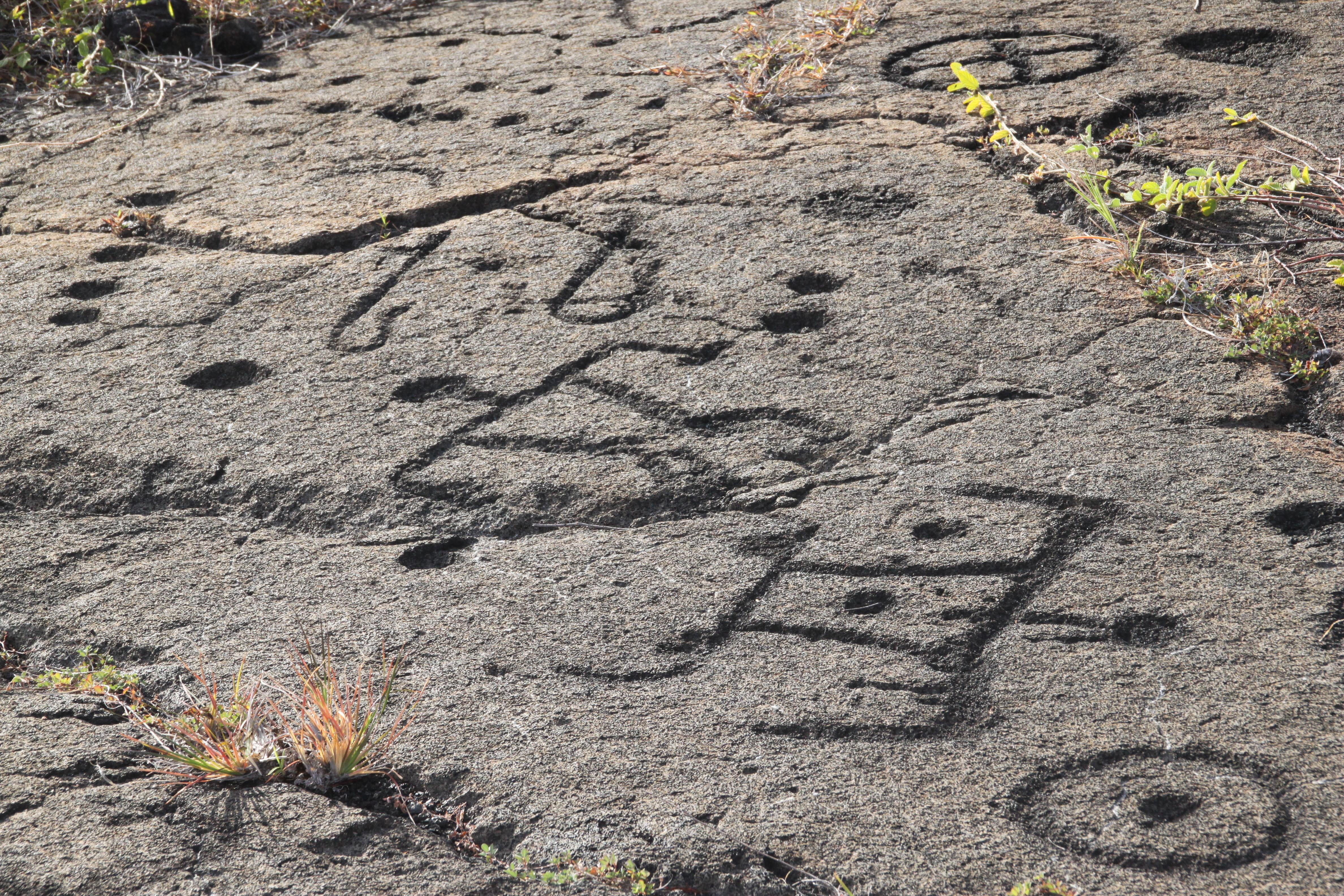 Petroglyphs of human figures carved into gray rock