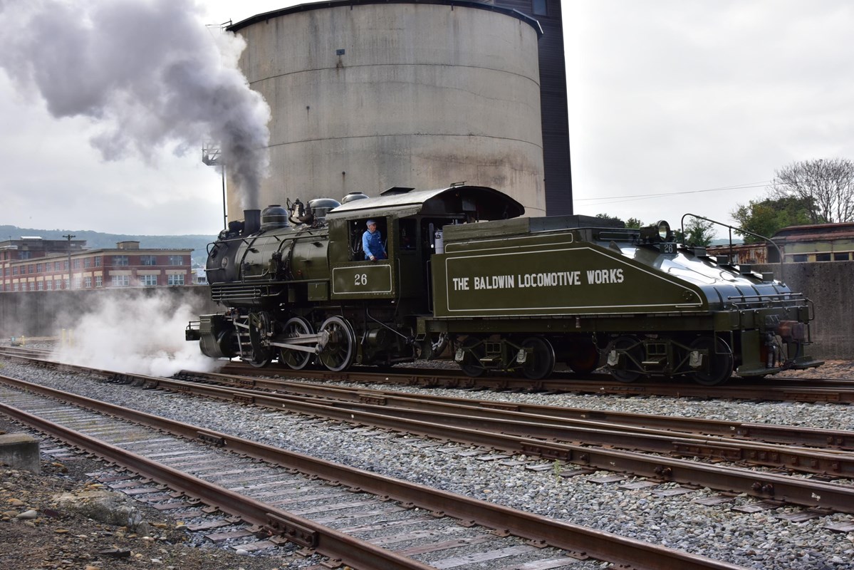 Historic Baldwin Locomotive Works engine number 26 out for a test run on the tracks.