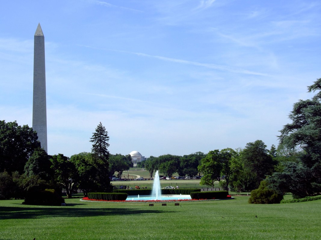 VIew of the South Lawn with South Fountain and Washington Monument visible