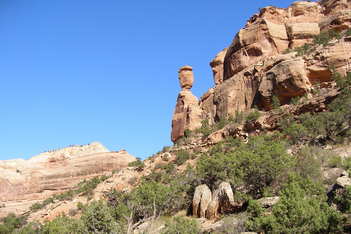 Rock spire with large boulder balancing on top, blue skies above, green shrubs below.