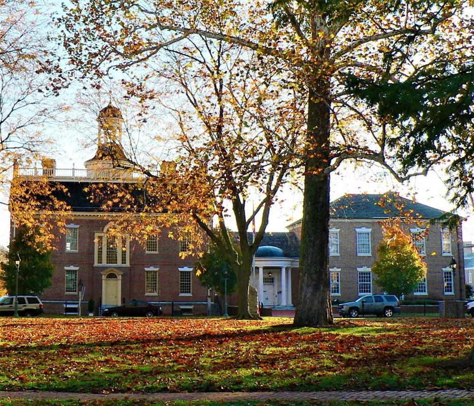Red, yellow, and green leaves lay on the grass in front of a colonial building. 