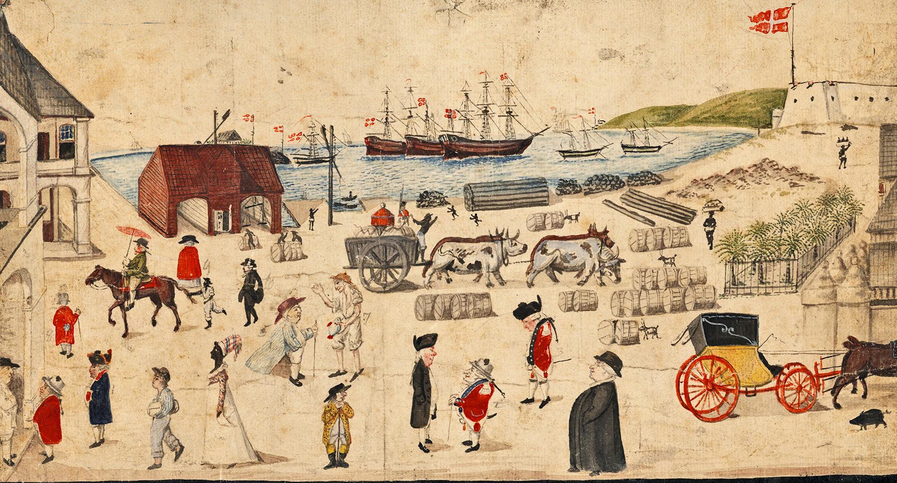 Ca. 1815 painting of activity at the wharf in Christiansted, St. Croix.