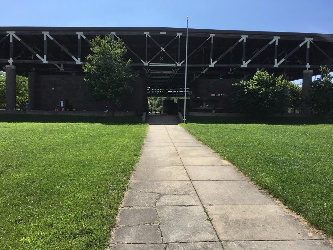 A sidewalk approaches the Anacostia skating pavilion.