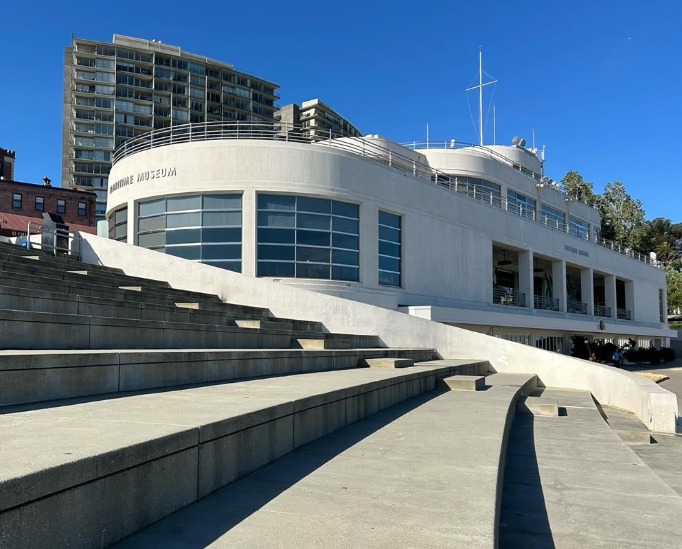 a View of the aquatic park bathhouse from the bleacher steps beside the building