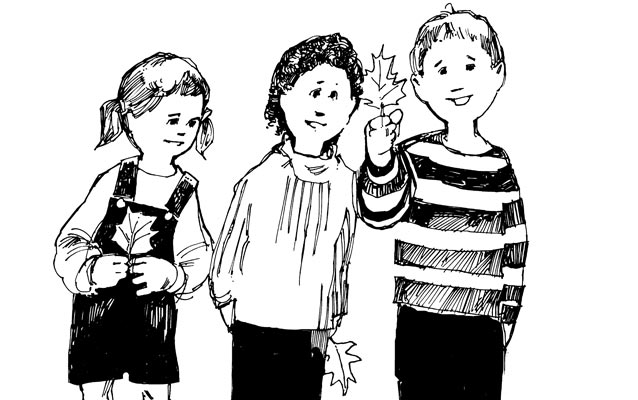 Two girls and a boy compare leaves. Sketch by Tom Foster. Two girls and a boy compare leaves. Sketch by Tom Foster.