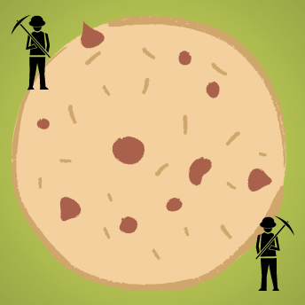 The black outline of two miners holding pick axes are shown on the upper on lower corners of a giant chocolate chip cookie in the center.