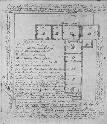 A drawing of a building layout in a Tee shape-each room is labeled and writing scribbled down the left side of the page. A drawing of a building layout in a Tee shape-each room is labeled and writing scribbled down the left side of the page.