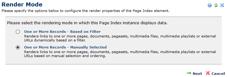 Render Mode dialog for Page Index