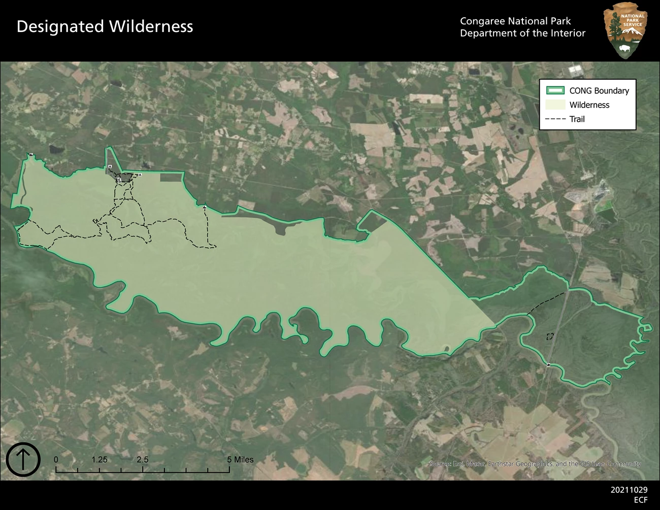 Congaree National Park Wilderness Boundary Map Map of Congaree National Park, with wilderness area boundary identified