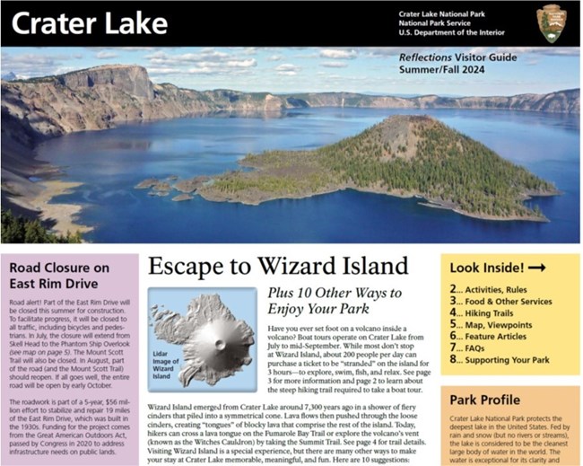 Front page above the fold of 2024 Summer-Fall Crater Lake Reflections Visitor Guide. Top image shows Wizard Island with trees in blue Crater Lake.  Other image is a digital view looking down on the top of Wizard Island.